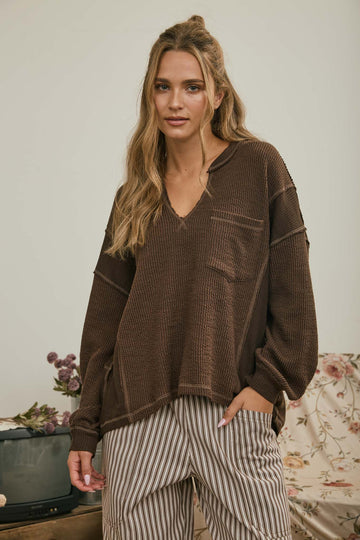Brown, Ivory, Olive Split Neckline Top