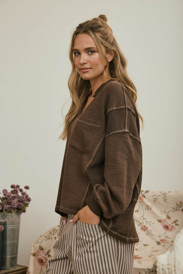 Brown, Ivory, Olive Split Neckline Top