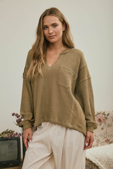 Brown, Ivory, Olive Split Neckline Top