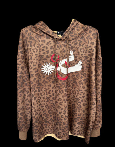 Leopard print hoodie with graphic designs on a black background.