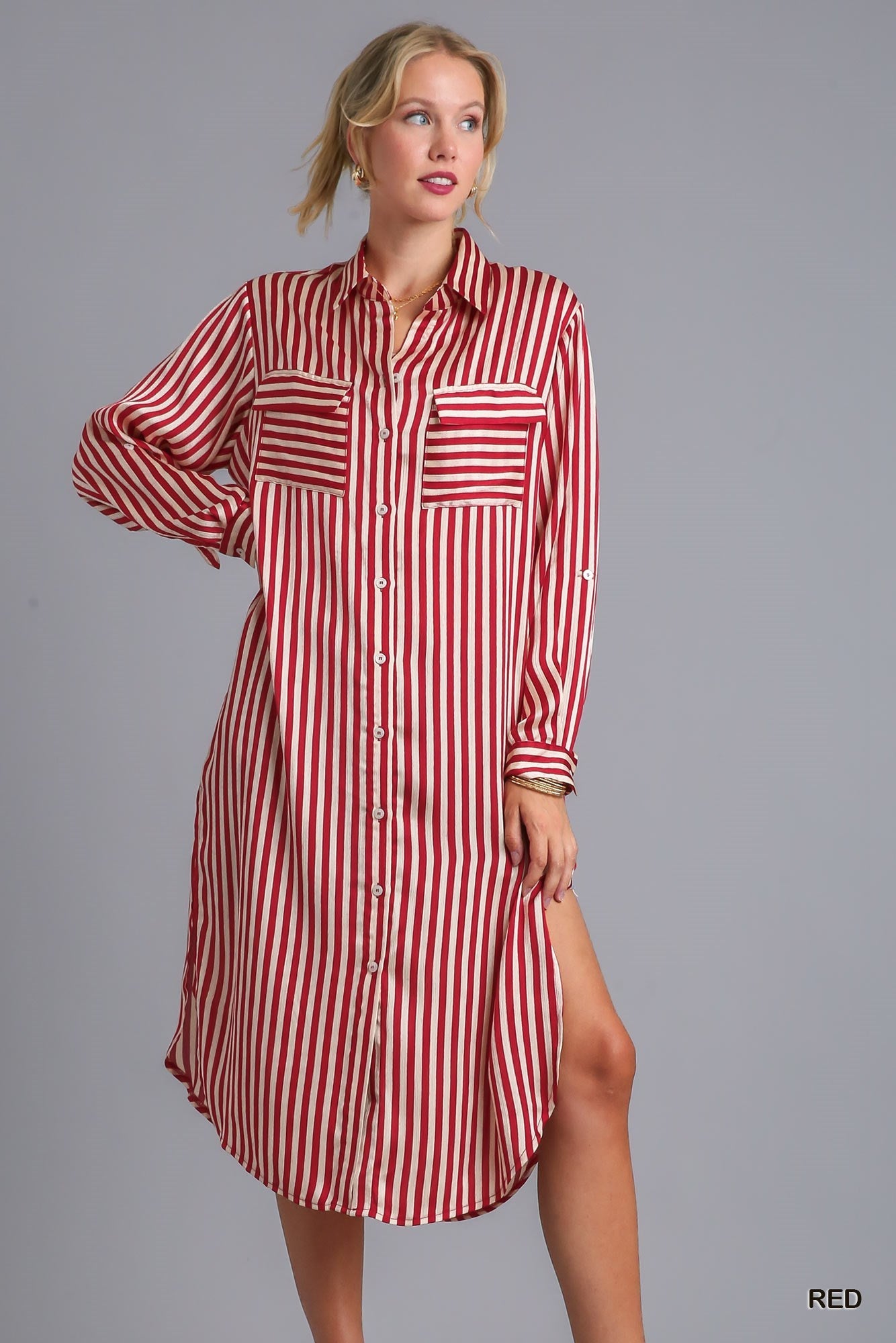 Striped Long Sleeve Button Down Midi Dress
