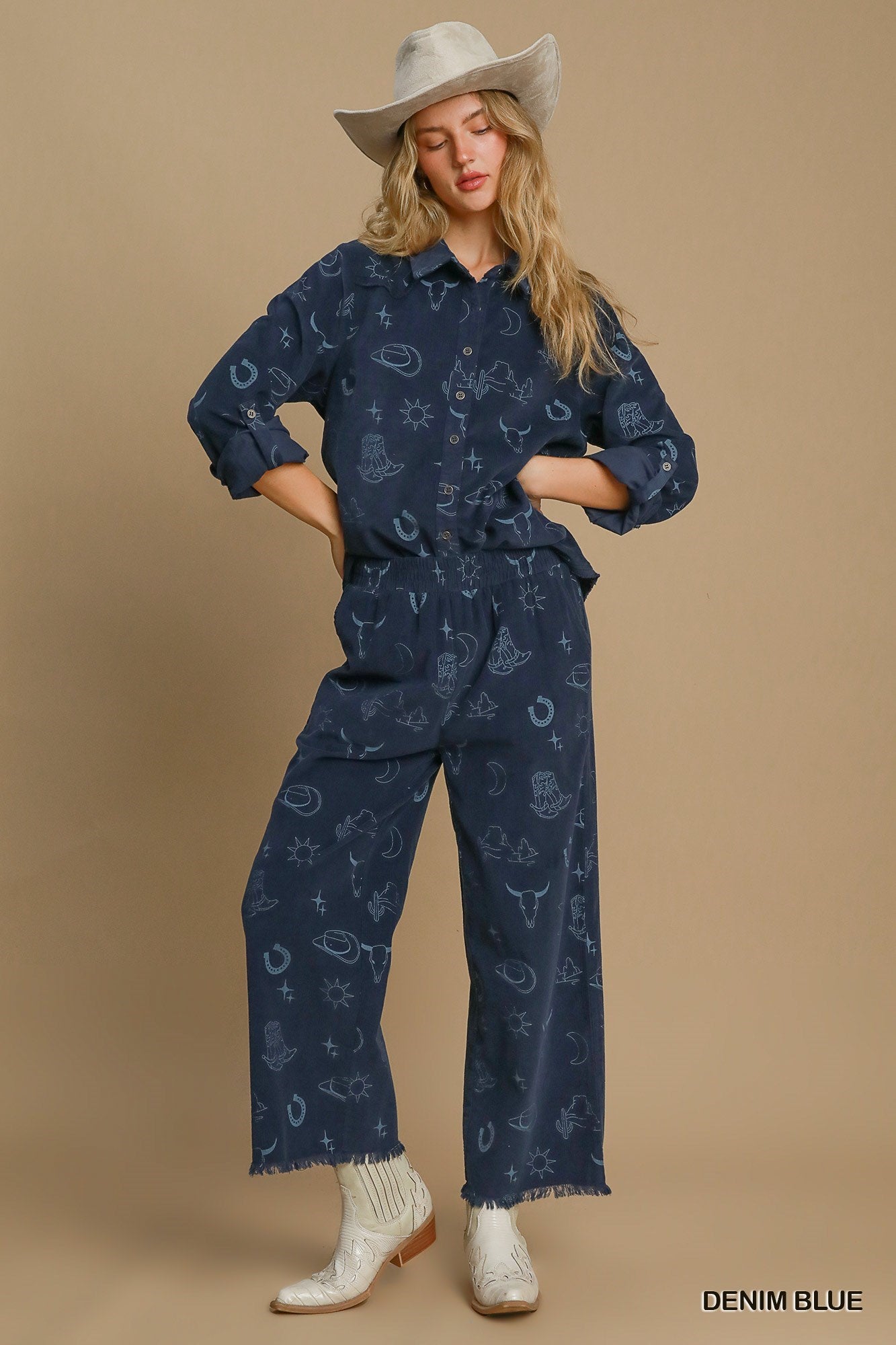 Western Graphic Corduroy Blue Long Sleeve Top