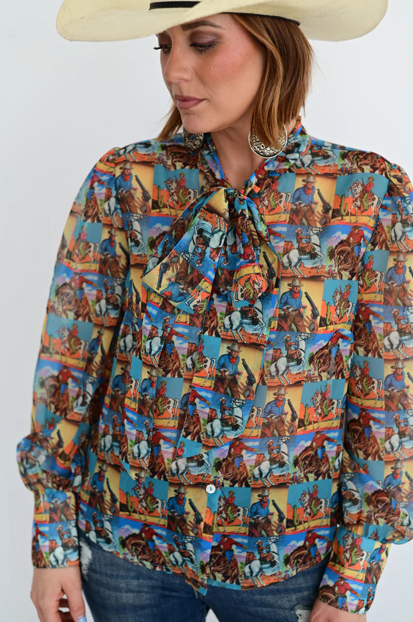 Tilly Tie Top Chiffon Vintage Popart Cowboy Blouse