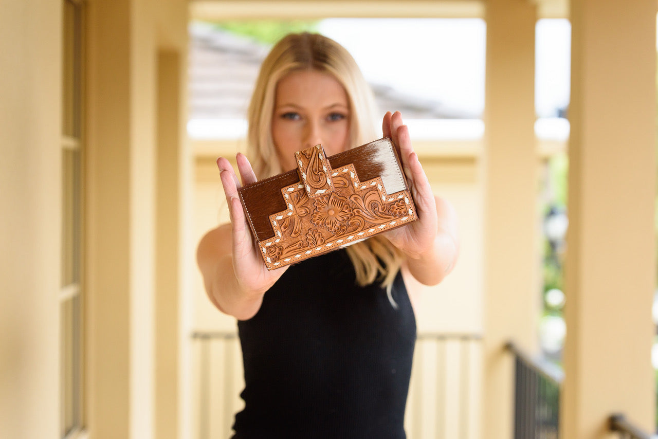 Tooled Cowhide Leather Wallet