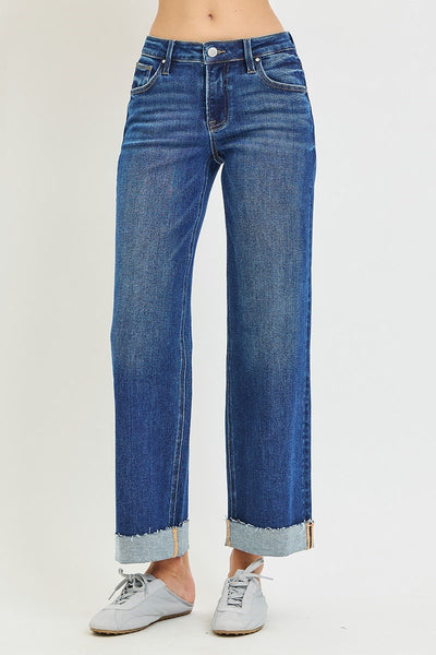 Mid Rise Ankle Straight Cuffed Jeans