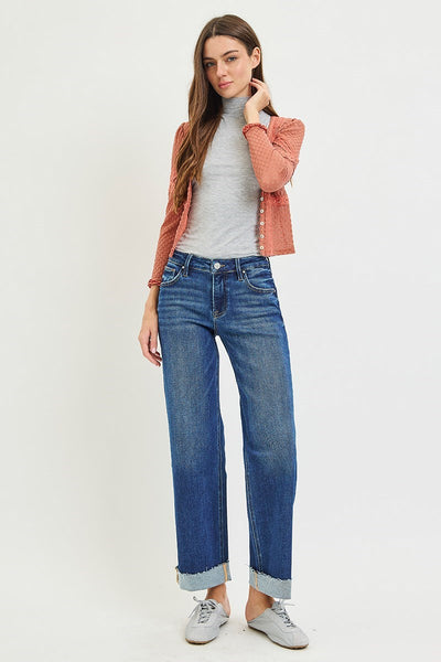 Mid Rise Ankle Straight Cuffed Jeans
