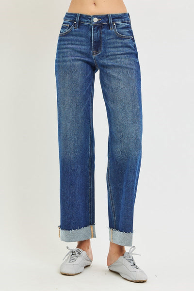 Mid Rise Ankle Straight Cuffed Jeans