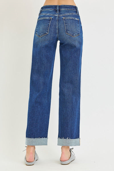 Mid Rise Ankle Straight Cuffed Jeans