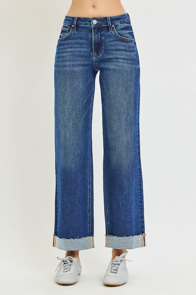 Mid Rise Ankle Straight Cuffed Jeans