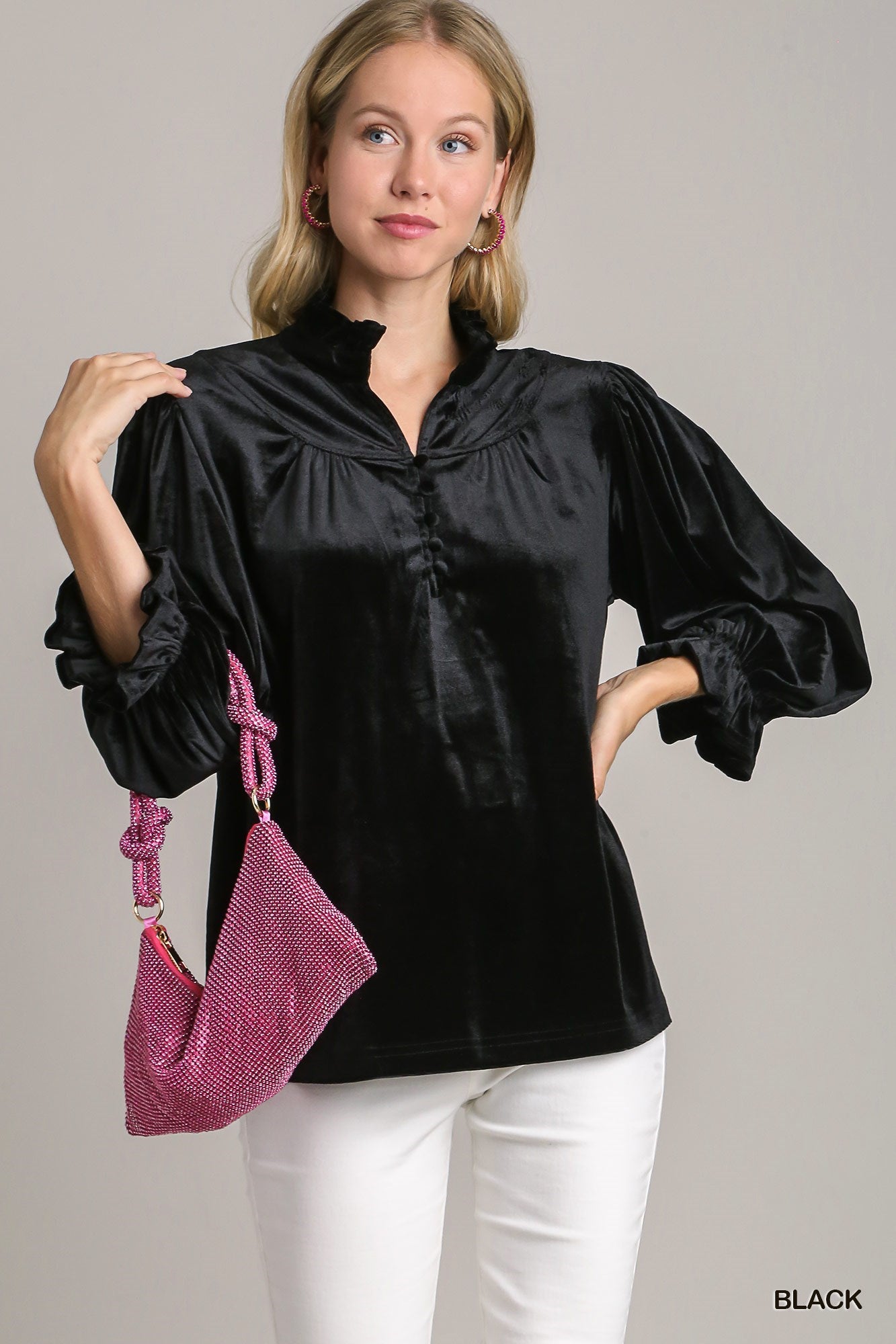 Velvet High Ruffle Neckline Top