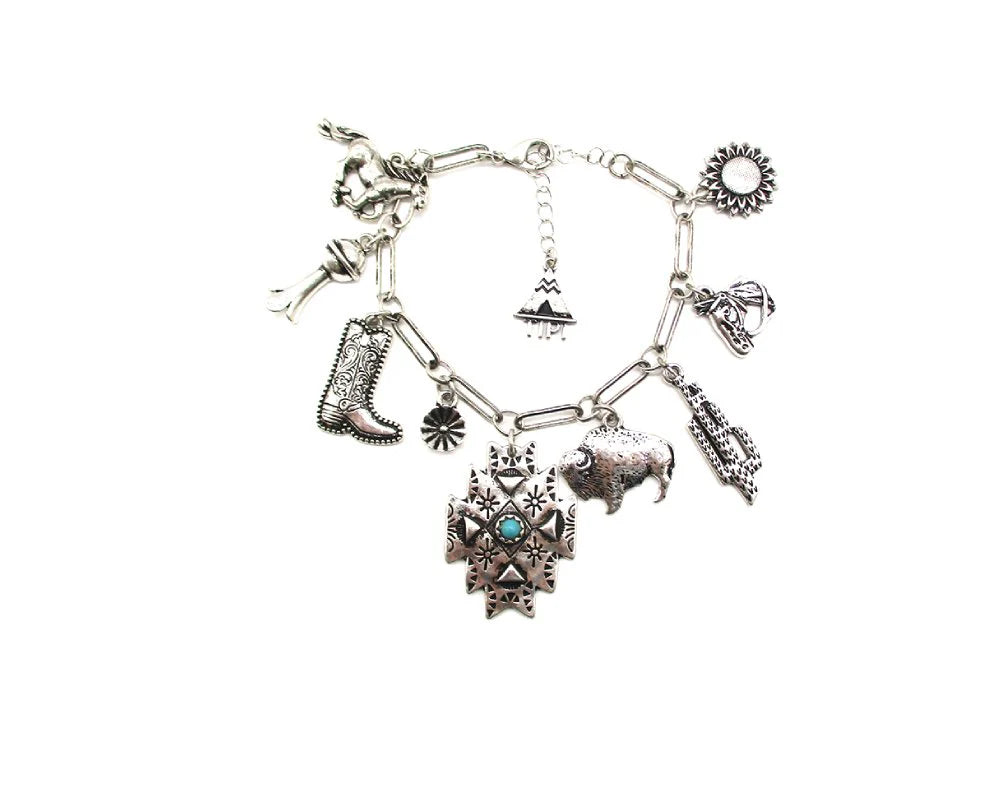 Western themed charm bracelet on a white background