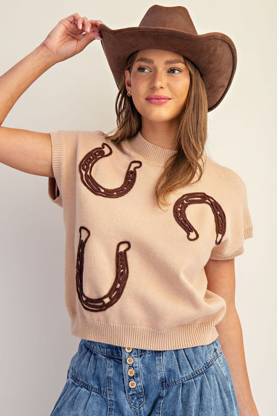 Horseshoe Embroidered Mock Neck Sweater
