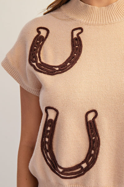 Horseshoe Embroidered Mock Neck Sweater