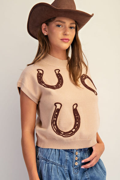 Horseshoe Embroidered Mock Neck Sweater