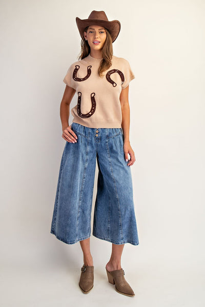 Horseshoe Embroidered Mock Neck Sweater