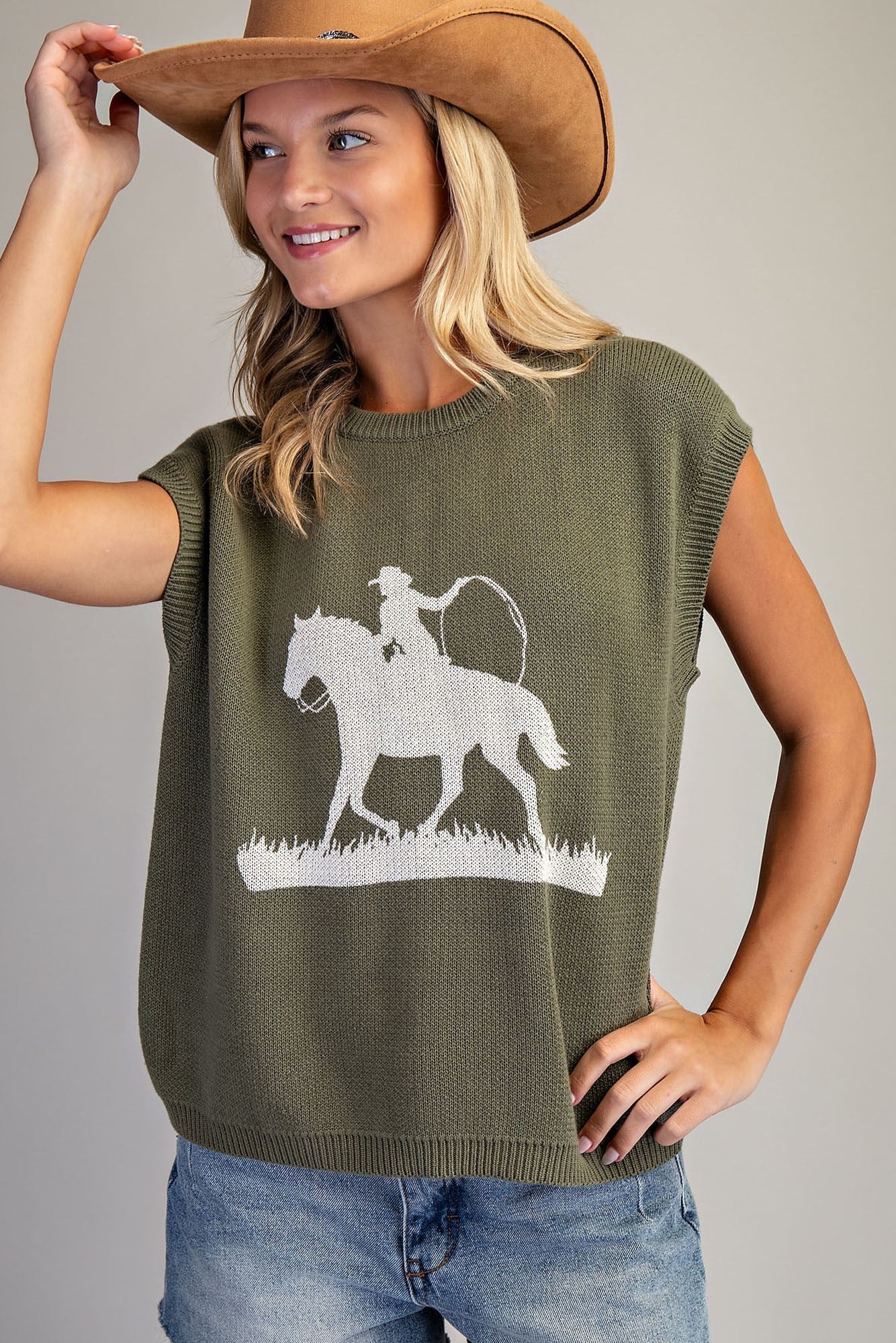 Western Graphic Cap Sleeve Sweater