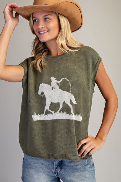 Western Graphic Cap Sleeve Sweater