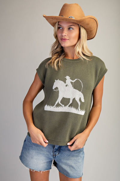 Western Graphic Cap Sleeve Sweater
