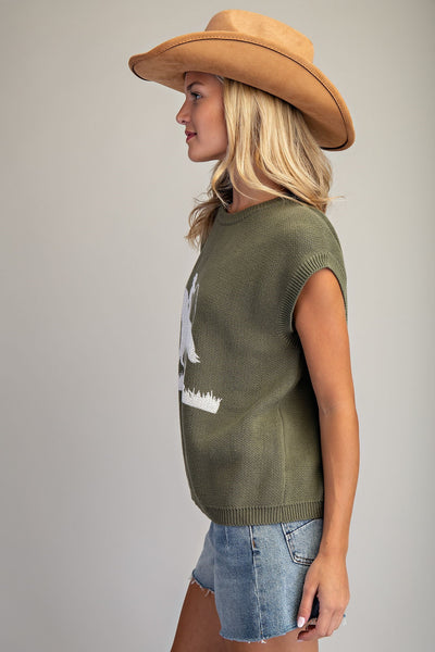 Western Graphic Cap Sleeve Sweater