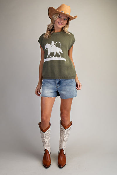 Western Graphic Cap Sleeve Sweater