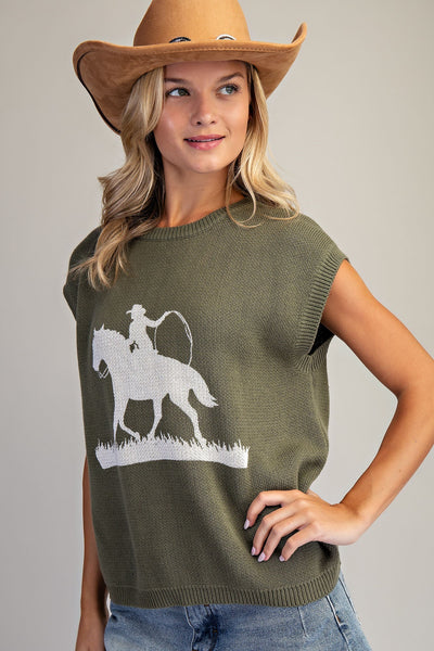 Western Graphic Cap Sleeve Sweater