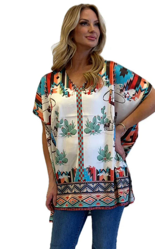 Roping Cowboy Poncho Blouse