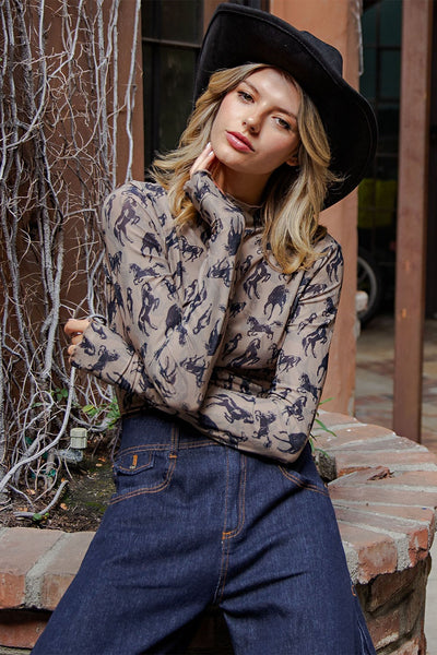 Mesh Western Horse Graphic Mock Neck Top