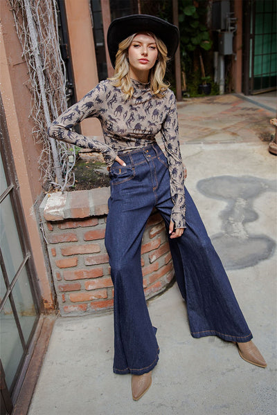 Mesh Western Horse Graphic Mock Neck Top