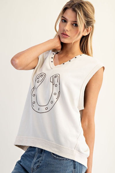 Embroidered Horseshoe Sleeveless Top