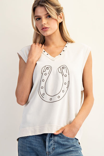 Embroidered Horseshoe Sleeveless Top