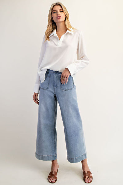 Solid Notched Collar Long Sleeve Blouse