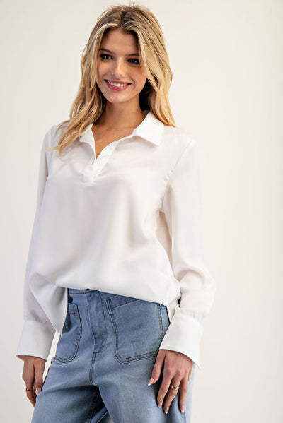 Solid Notched Collar Long Sleeve Blouse