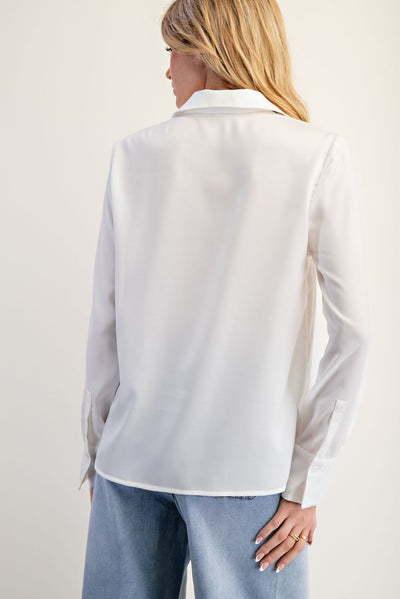 Solid Notched Collar Long Sleeve Blouse