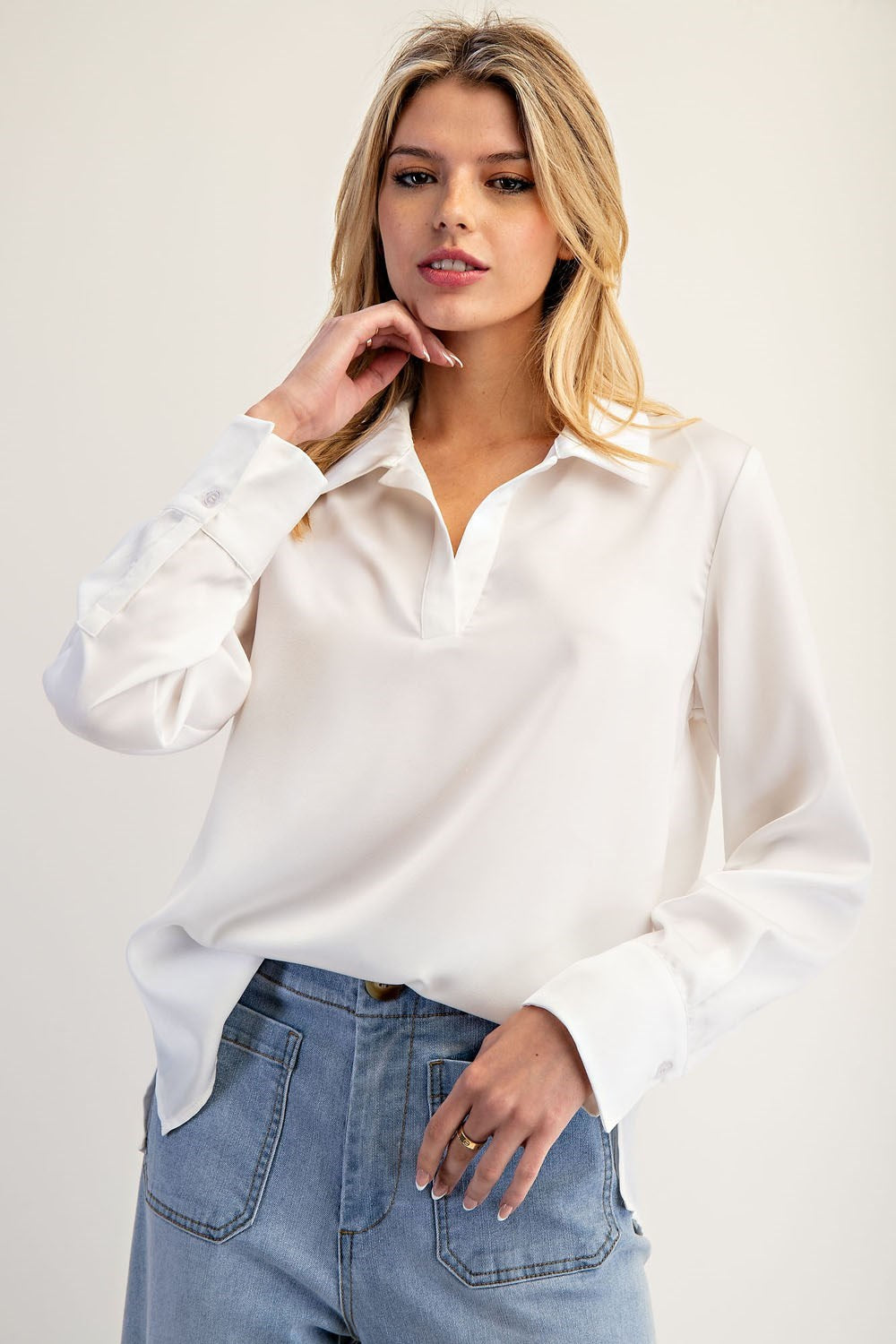 Solid Notched Collar Long Sleeve Blouse
