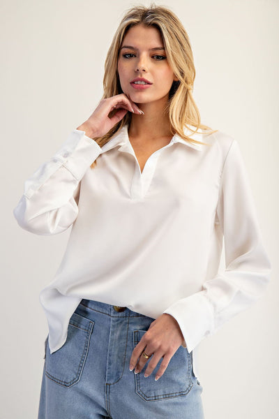 Solid Notched Collar Long Sleeve Blouse