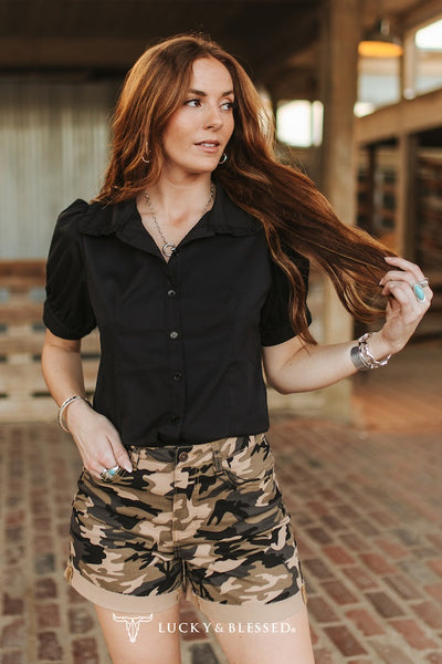 Judy Ruffle Collar Button Up Puff Sleeve Blouse