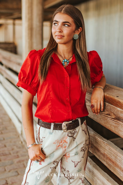 Judy Ruffle Collar Button Up Puff Sleeve Blouse