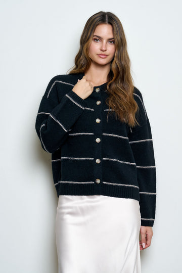 THIN STRIPE ROUND NECK BUTTON DOWN CARDIGAN