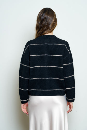 THIN STRIPE ROUND NECK BUTTON DOWN CARDIGAN