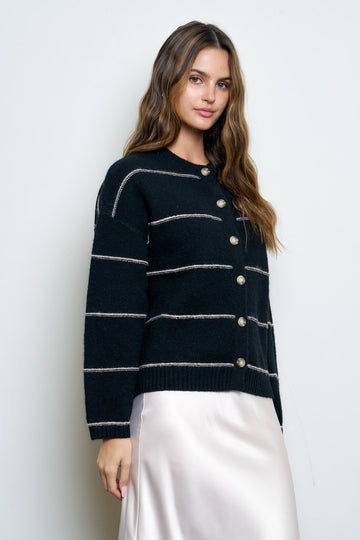 THIN STRIPE ROUND NECK BUTTON DOWN CARDIGAN