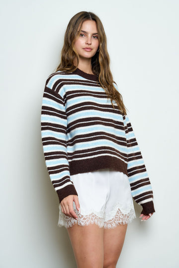 MULTI-COLOR STRIPE CREWNECK KNIT SWEATER