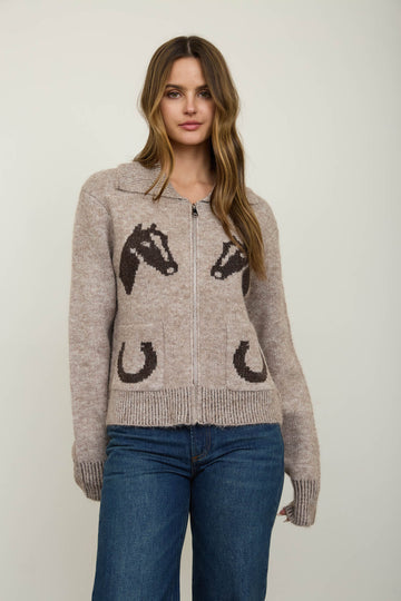 WESTERN JACQUARD COLLARED ZIP-UP KNIT CARDIGAN