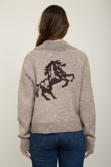 WESTERN JACQUARD COLLARED ZIP-UP KNIT CARDIGAN