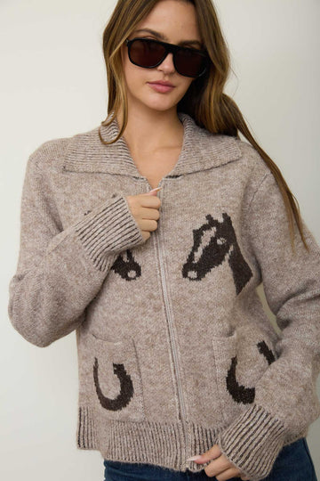 WESTERN JACQUARD COLLARED ZIP-UP KNIT CARDIGAN