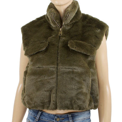 Green fur vest on a mannequin with a white background