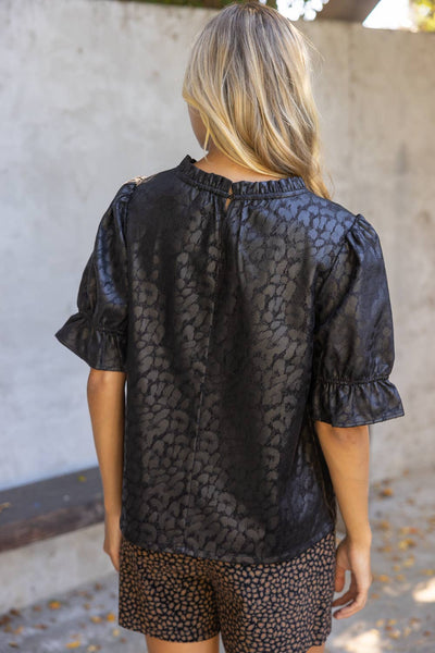 37319 Ruffled Puff Sleeve Animal Print Faux Leather Top