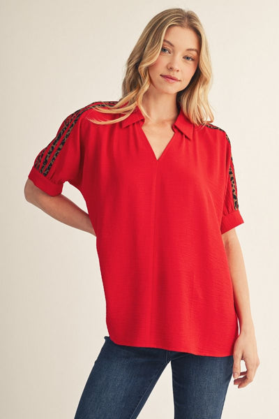 Lucinda Short Sleeve V Neck Top With Leopard Shoulder Detail