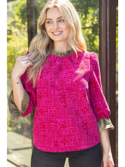 Magenta Puff Sleeve Contrast Ruffle Abstract Printed Top