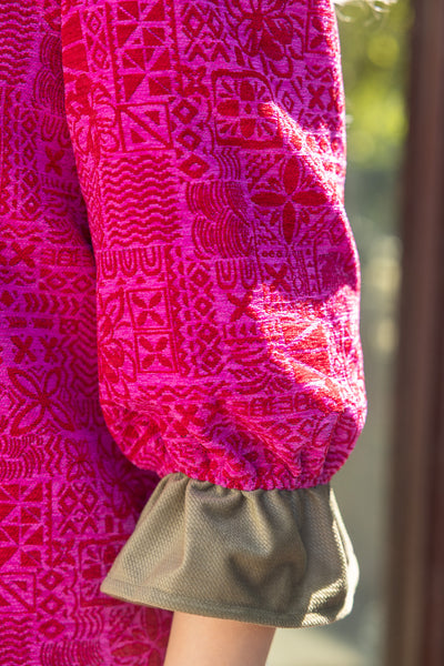 Magenta Puff Sleeve Contrast Ruffle Abstract Printed Top