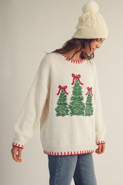 Christmas Trees Stitched Loose Fit Sweater